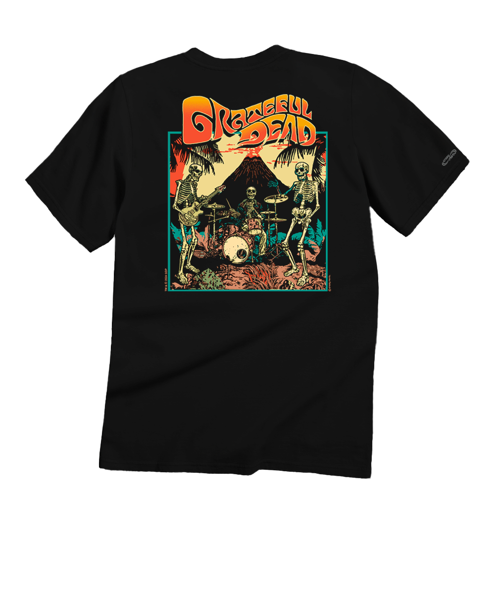 Black t-shirt with a colorful graphic of skeletons playing music and ' grateful dead' text on a white background View 1