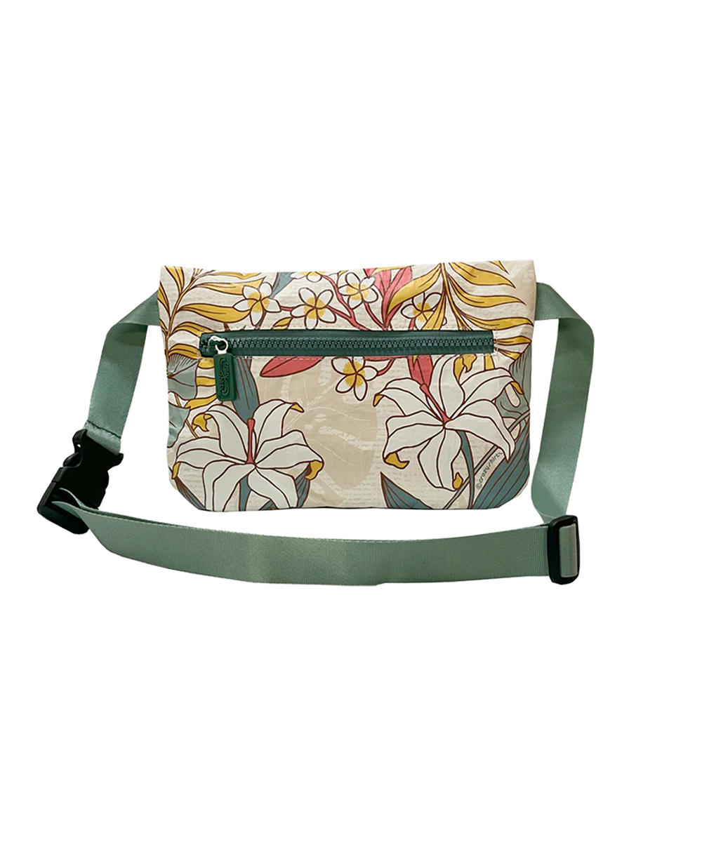 Floral-patterned bag with a green strap on a white background View 2