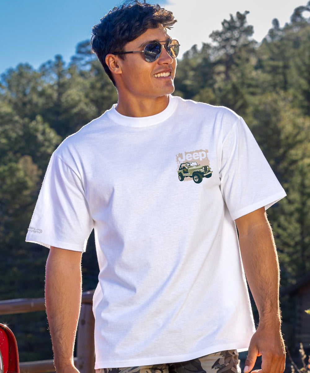 Man in white t shirt with jeep logo outside View 3