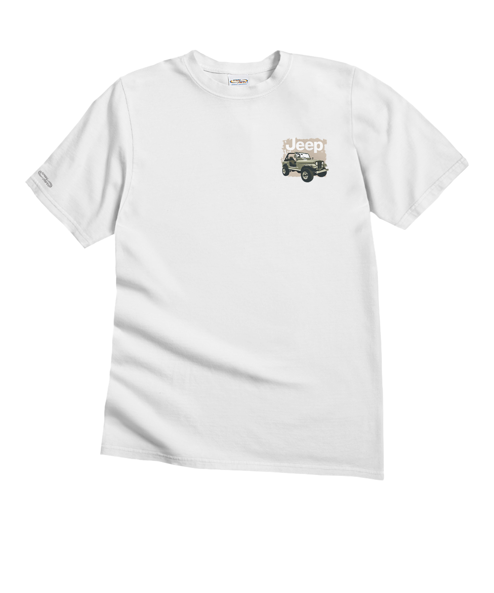 White t-shirt with a small graphic on a white background View 4