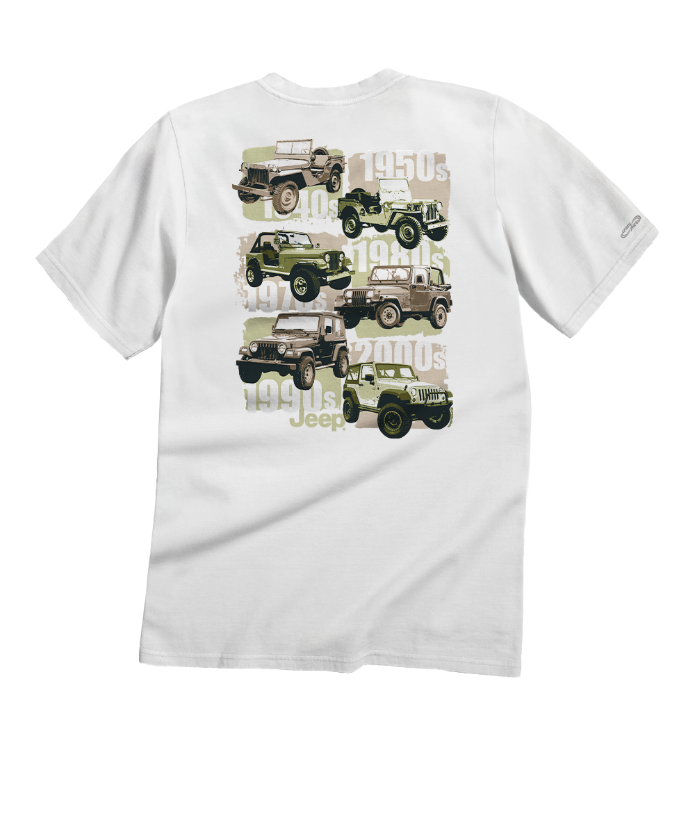 White t-shirt with green and brown graphic of Jeeps on a white background View 1