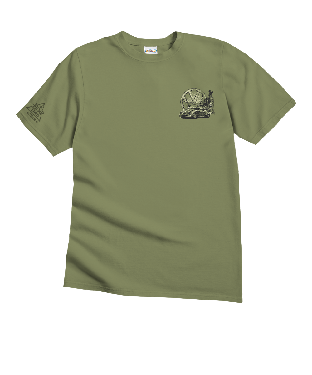 Olive green t-shirt with a graphic on a white background View 4