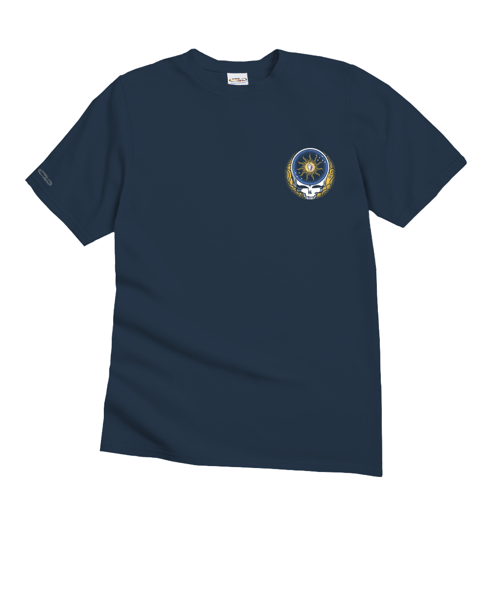 Navy blue t-shirt with a small chest graphic on a white background View 4