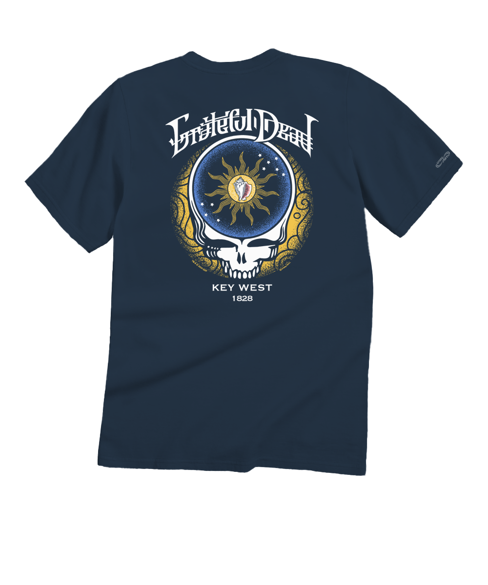 Navy blue t-shirt with Grateful Dead logo and design on a white background View 1