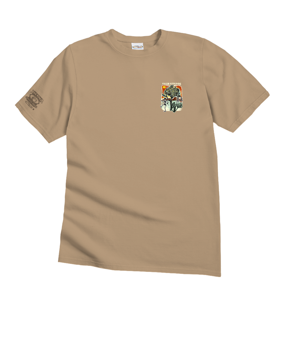 Tan t-shirt with graphic design on white background View 4