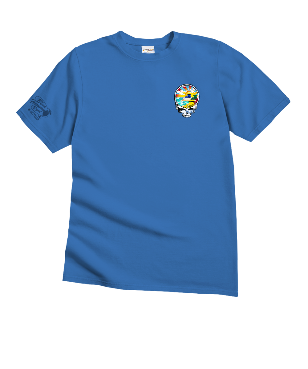 Blue t-shirt with a colorful graphic on a white background View 2