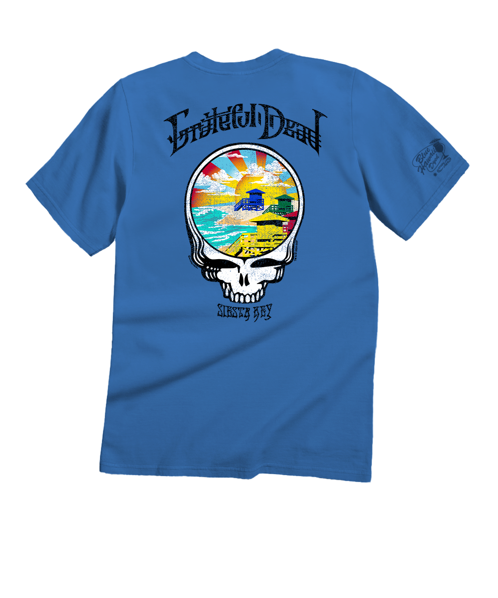 Blue t-shirt with Grateful Dead logo and colorful skull design on a white background View 1