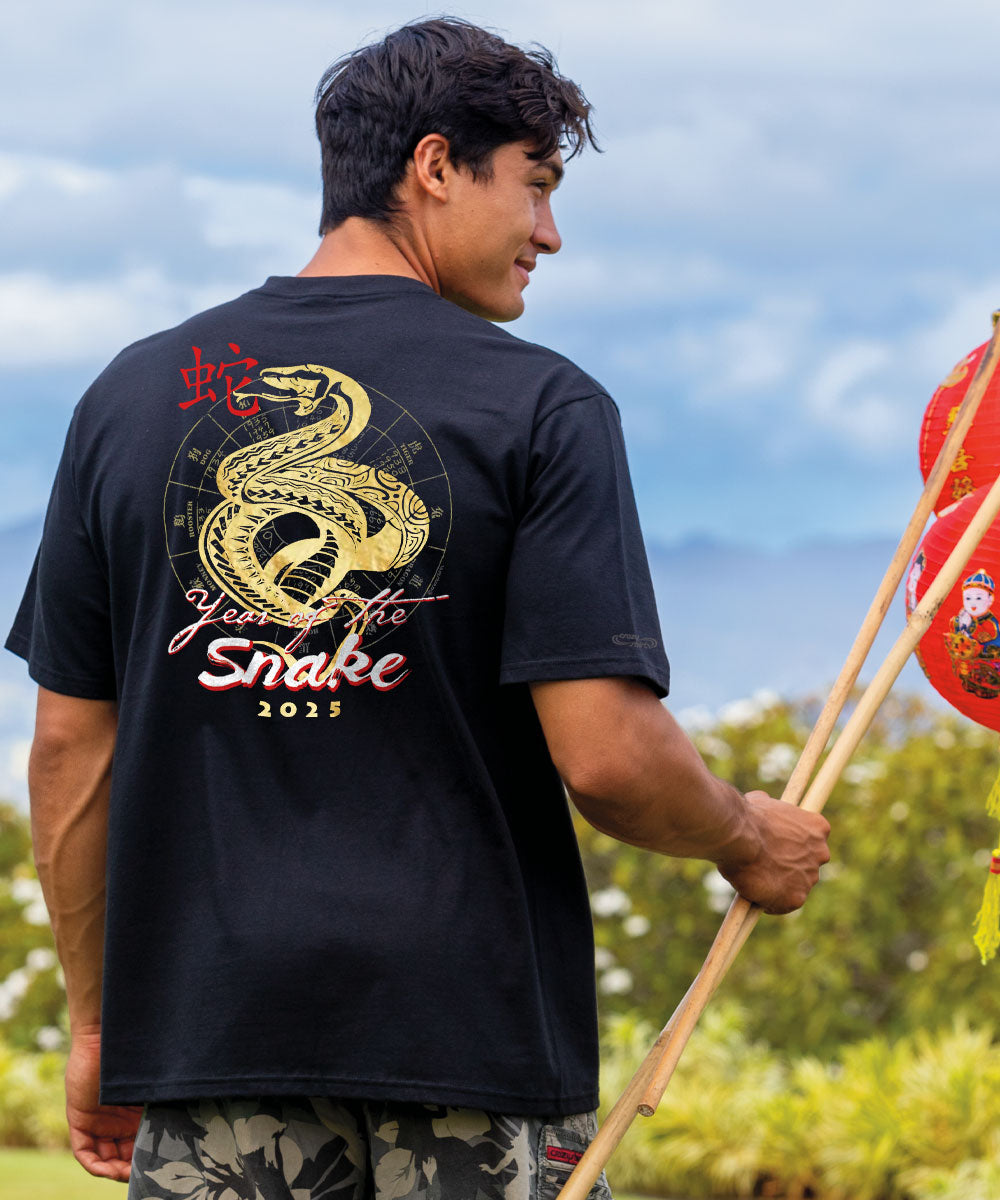 A person wearing a black short sleeve crewneck t-shirt with a golden snake design and the text 'Year of the Snake 2025' on the back. View 2