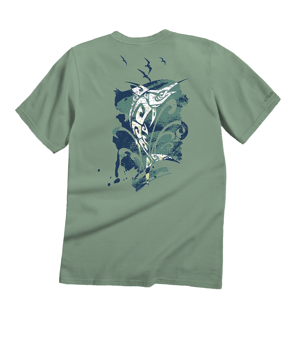 Green t-shirt with a fish graphic on the back against a white background View 1