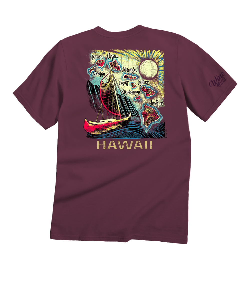 Maroon t-shirt with a colorful graphic of a sailboat and 'Hawaii' text on the back, against a white background.