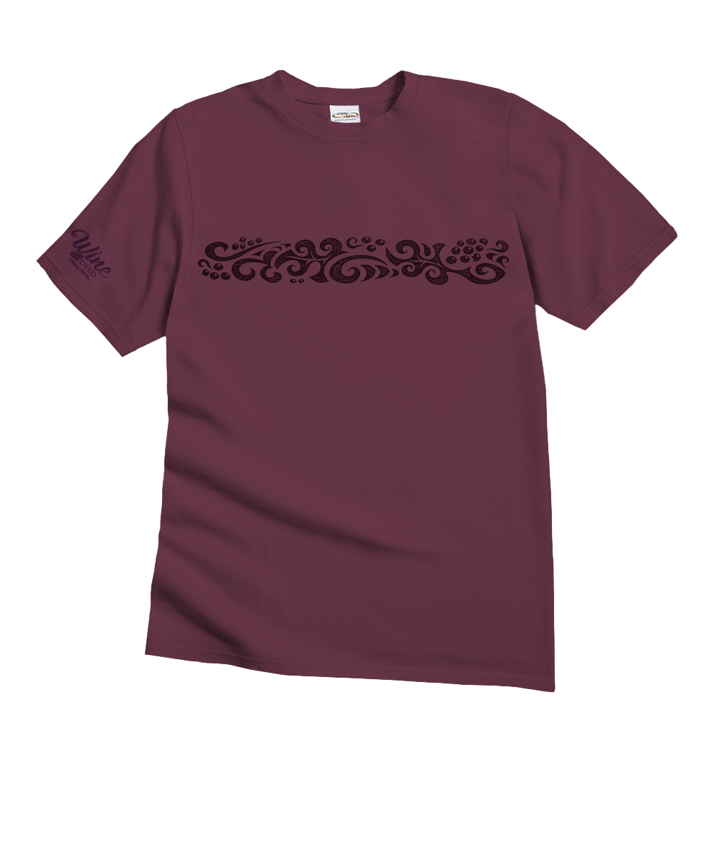 Maroon t-shirt with black decorative design on a white background View 1