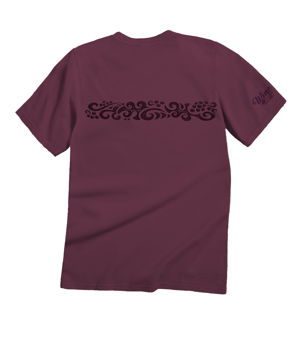 Maroon t-shirt with decorative pattern on white background View 4