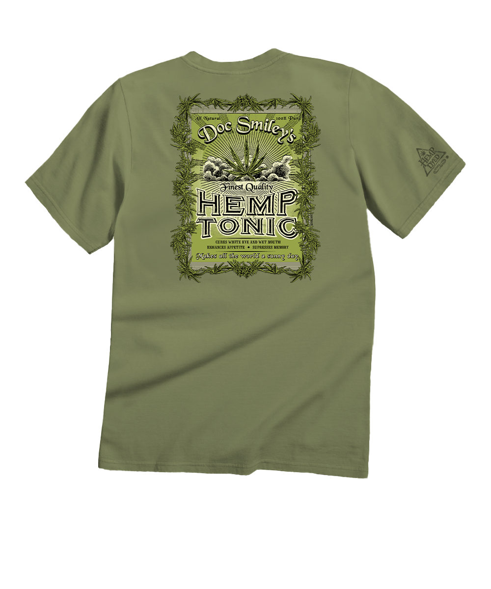 Green t-shirt with 'Hemp Tonic' graphic on a white background View 1