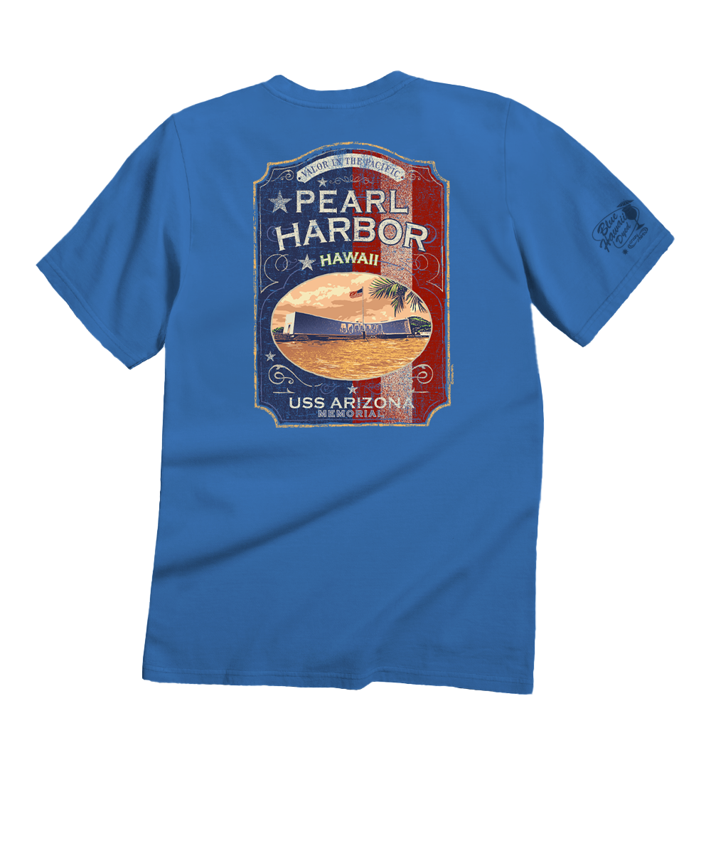 Blue t-shirt with Pearl Harbor and USS Arizona graphic on a white background View 1