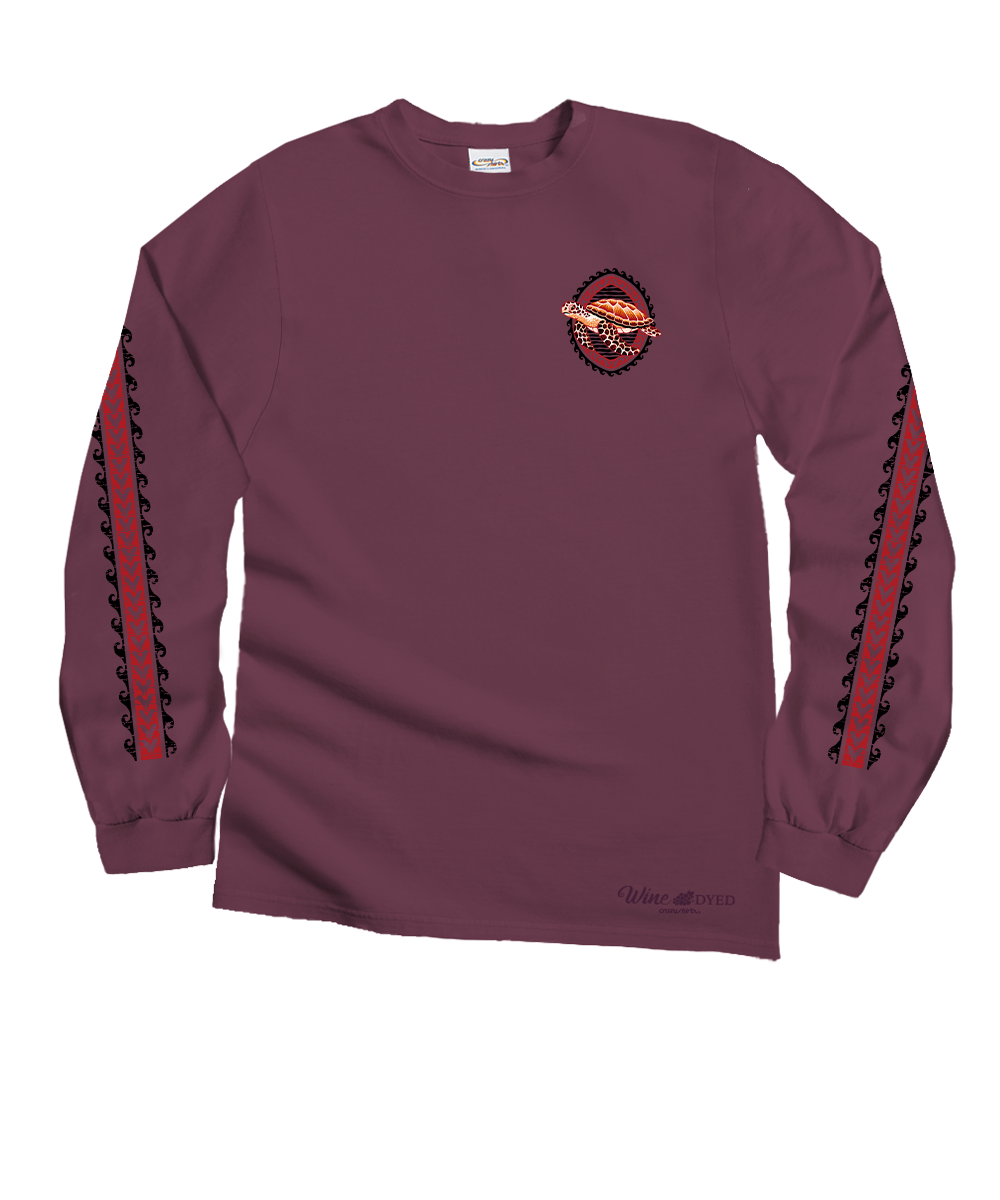 Honu Tribal Woodcut - Wine Dyed Long Sleeve Crewneck T-Shirt