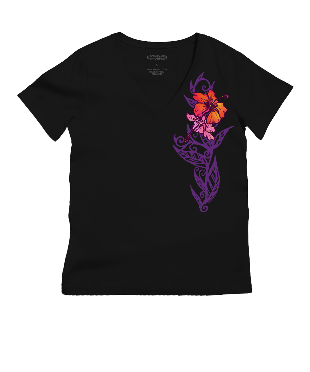 Black t-shirt with a purple tribal design and colorful flowers on a white background View 1