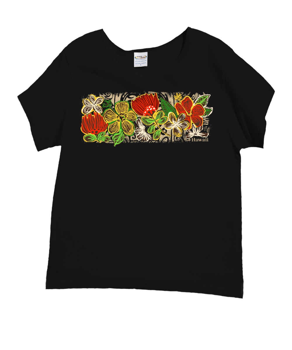Black t-shirt with colorful floral design on a white background View 1