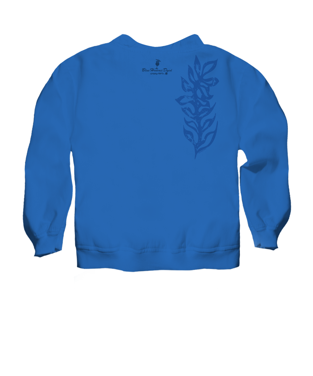 Blue sweatshirt with a design on the back against a white background View 4