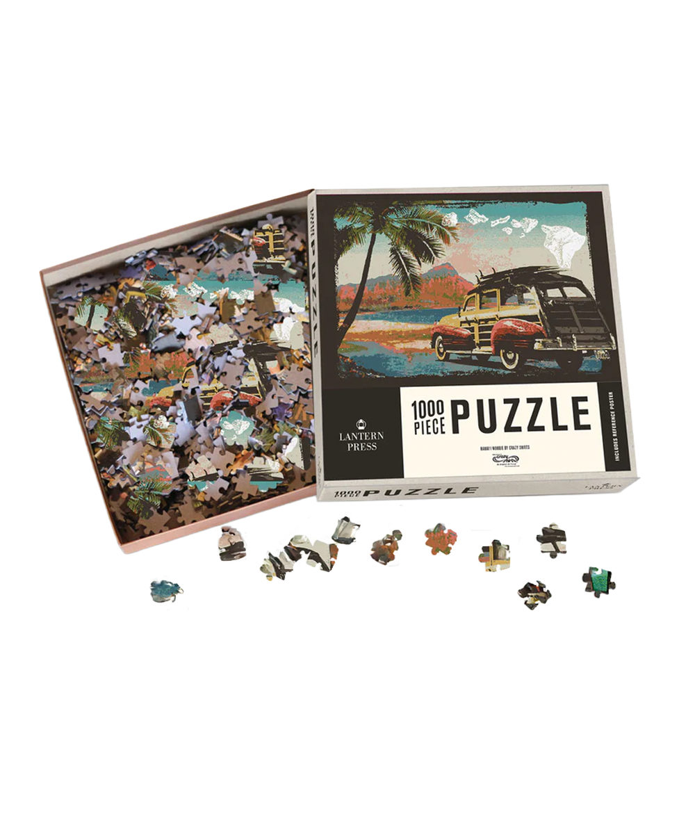 Puzzle set with a box featuring a vintage car and palm tree design, and scattered puzzle pieces on a white background. View 1