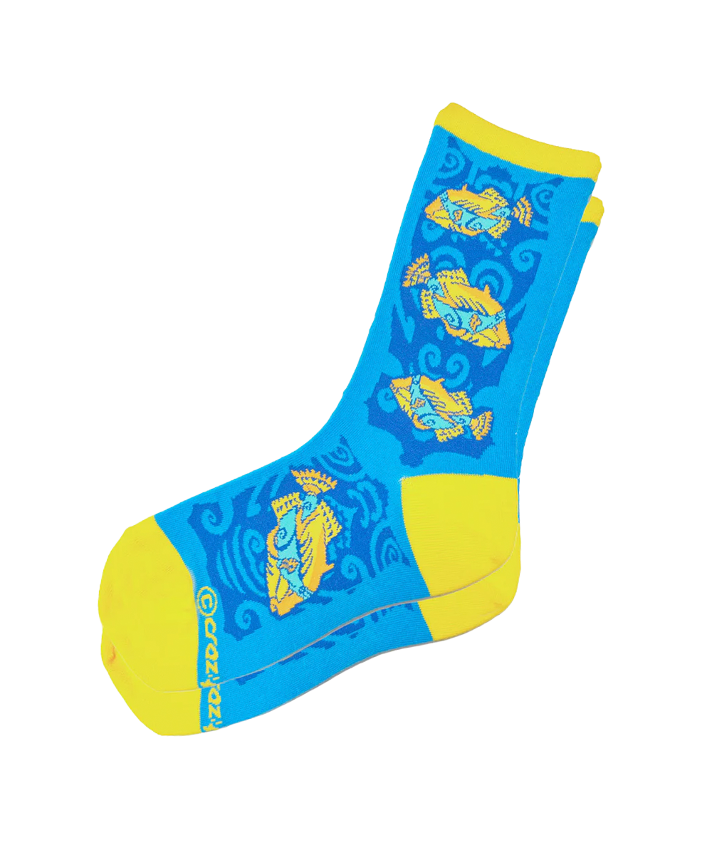 Blue sock with yellow accents and patterns on a white background View 1