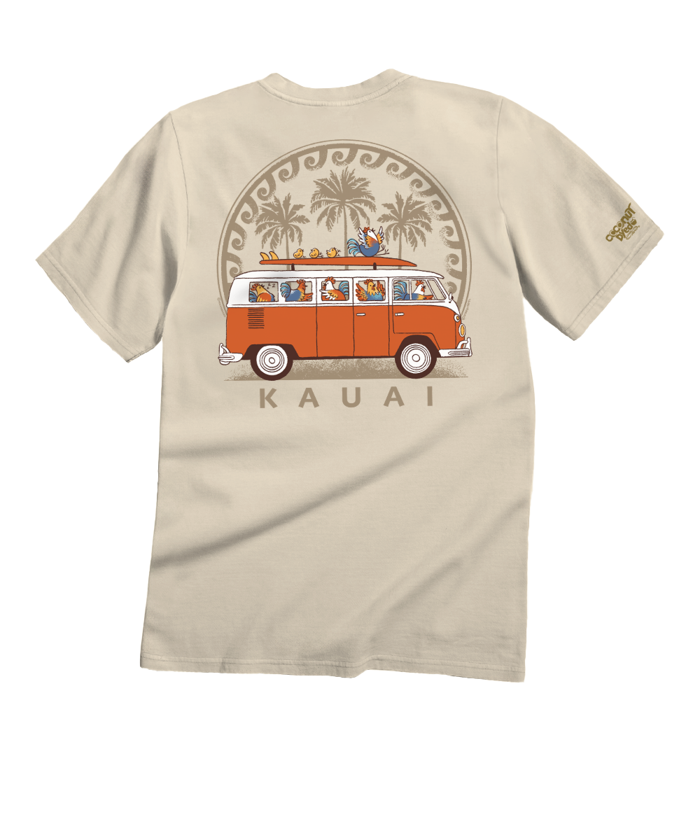 Beige t-shirt with an orange van graphic and 'Kauai' text on a white background View 1
