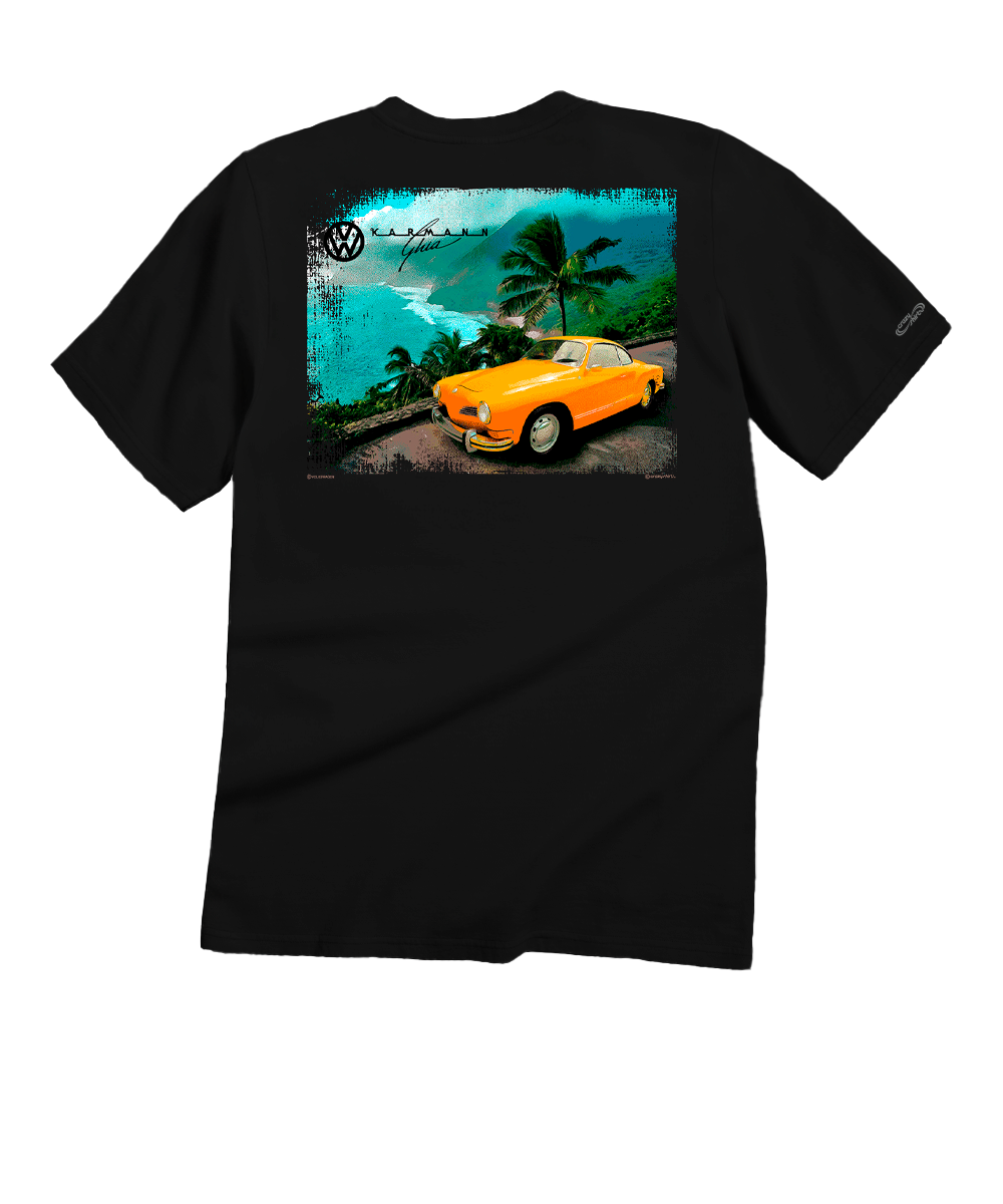Black t-shirt with a graphic of a yellow car on a tropical road and palm trees. View 1