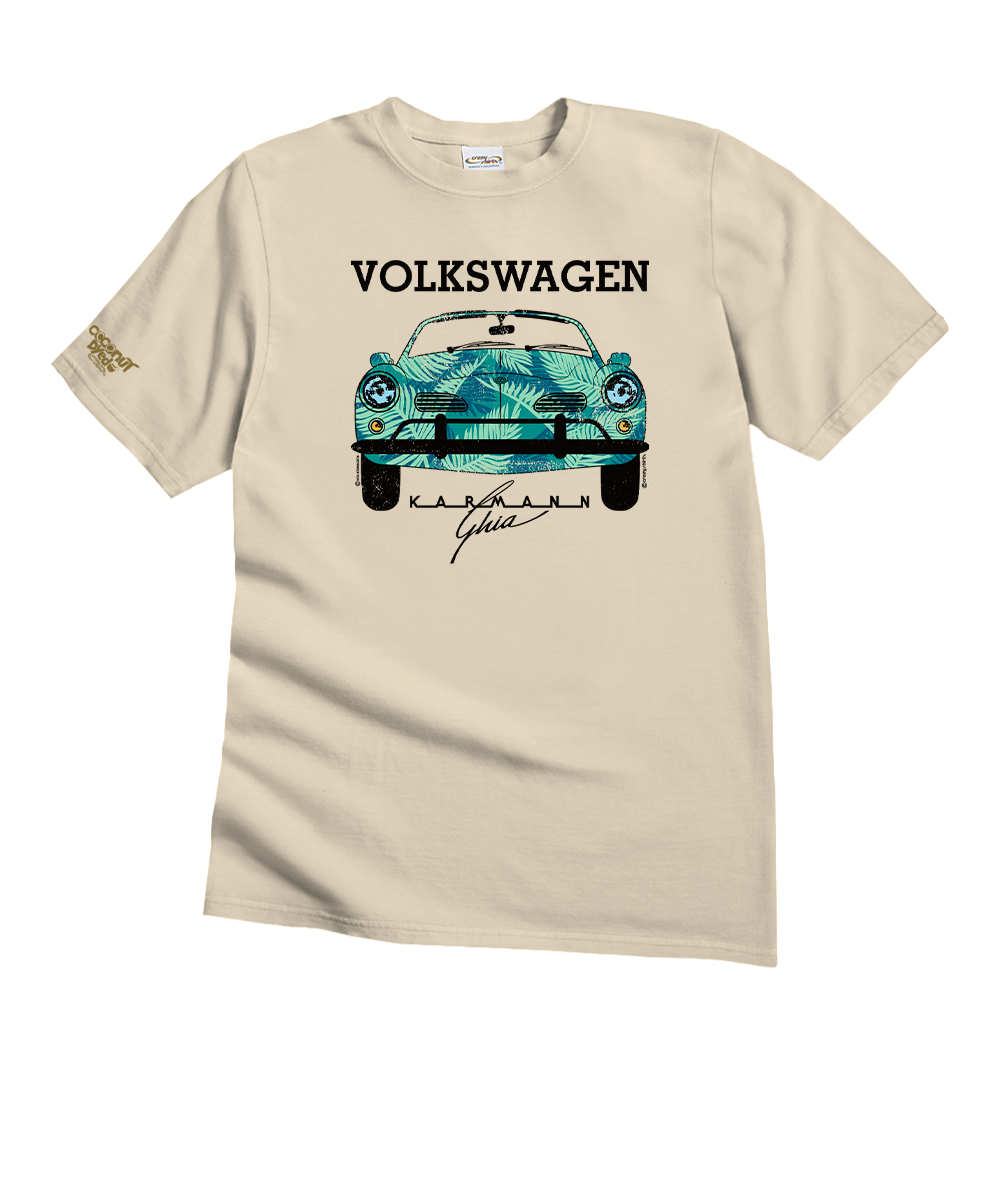 Beige t-shirt with a logo on the back right corner against a white background. View 1
