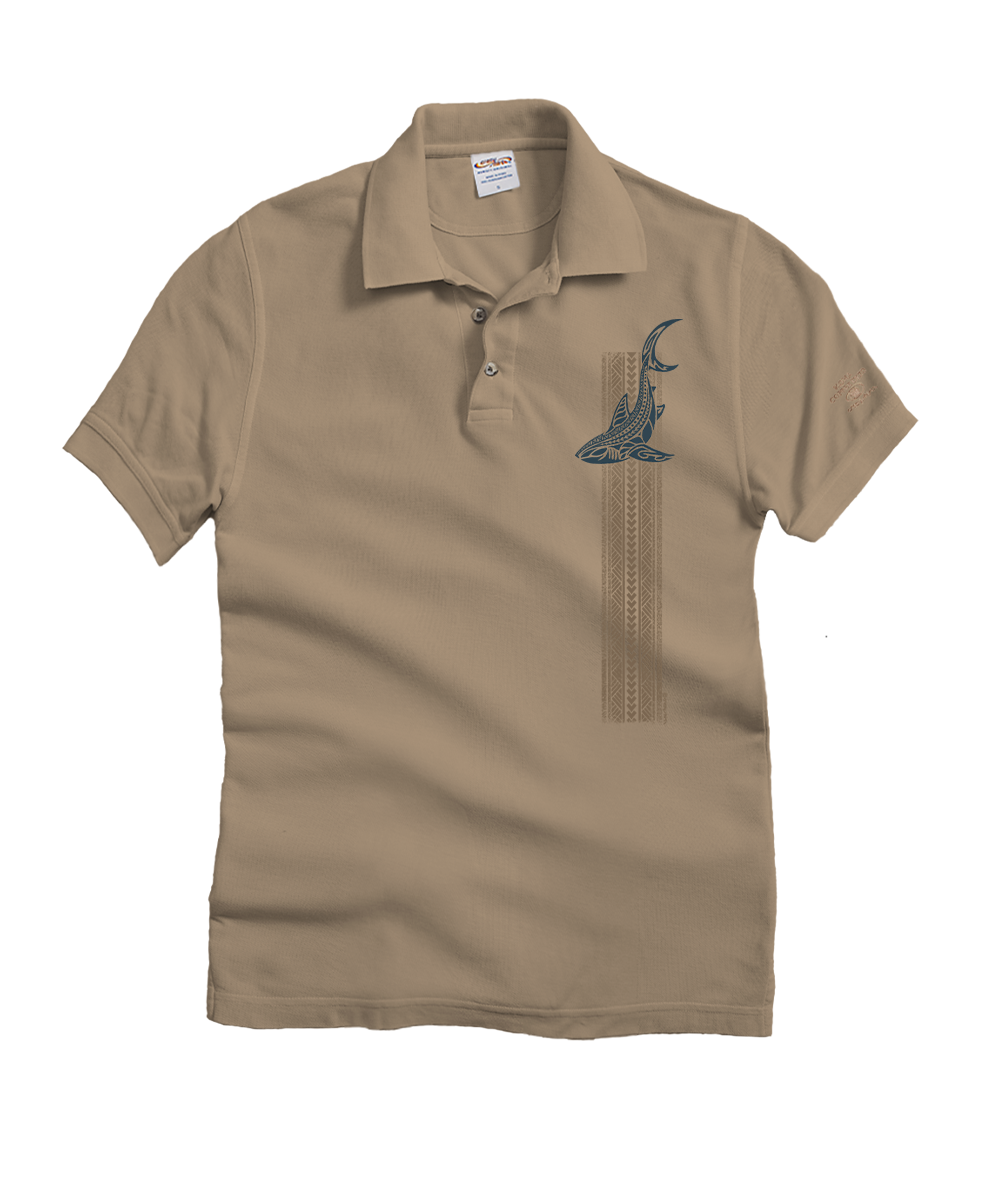 Vertical Tribal Shark - Kona Coffee Dyed Short Sleeve Oceanfront Polo