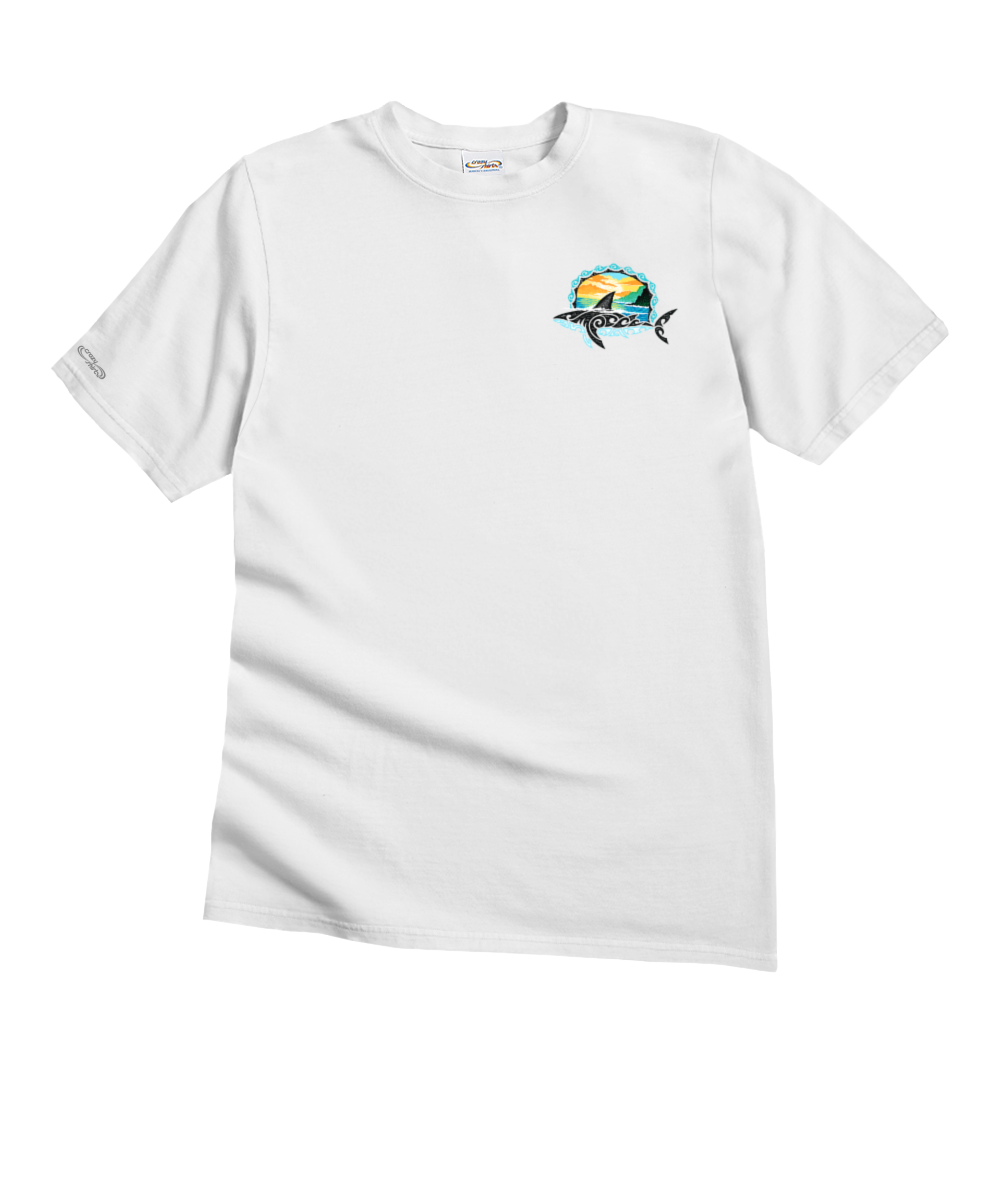White t-shirt with a colorful graphic on a white background View 4
