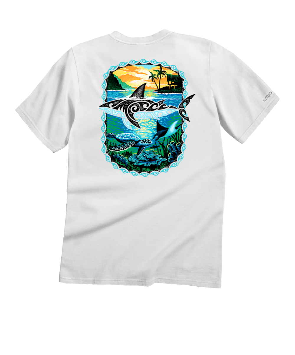 White t-shirt with a shark and ocean graphic on the back, displayed on a white background. View 1