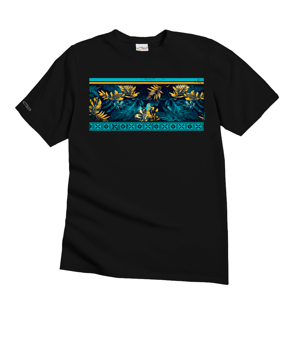 Black t-shirt with a colorful graphic design on a white background View 1