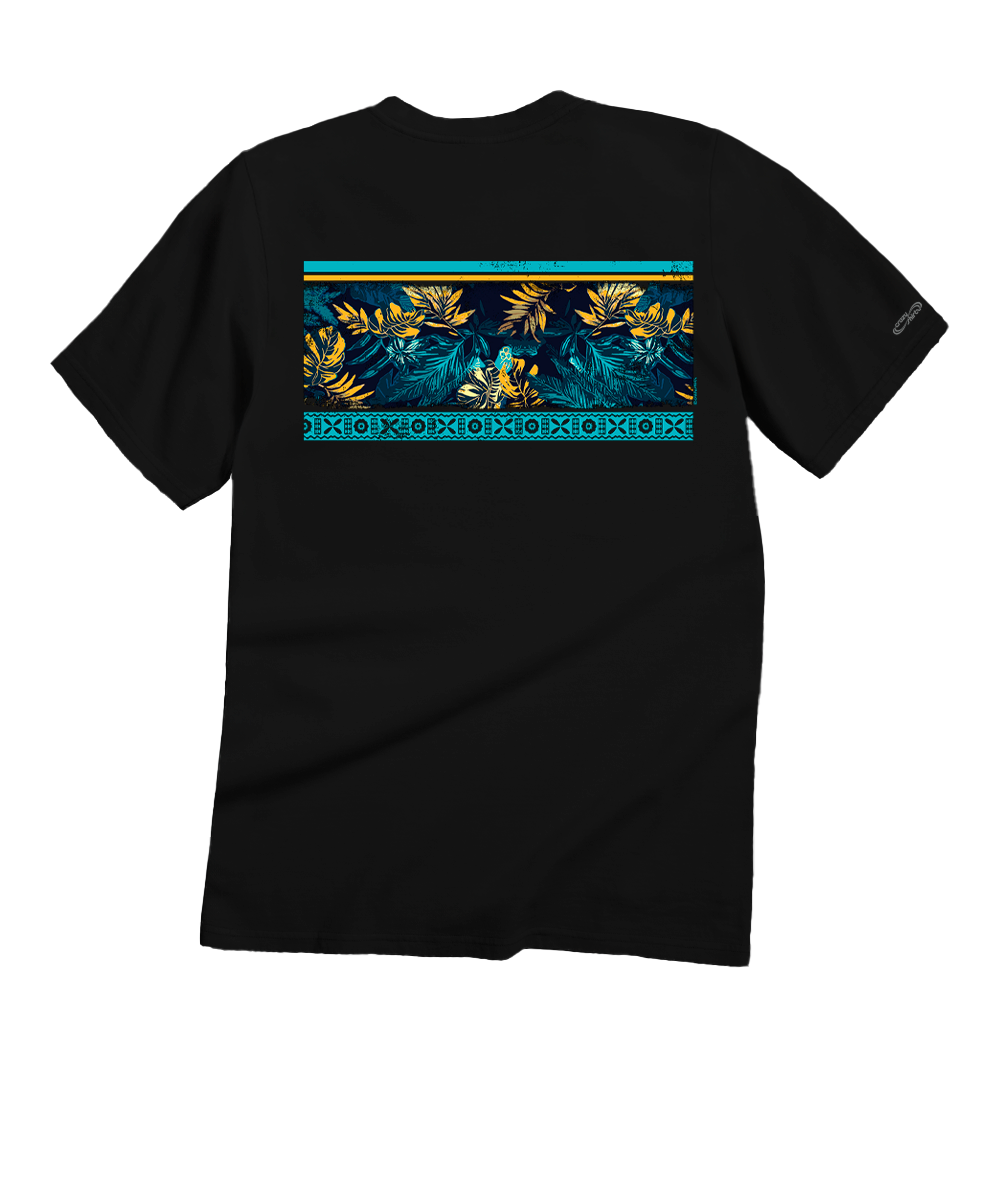 Black t-shirt with floral design on the back against a white background View 4