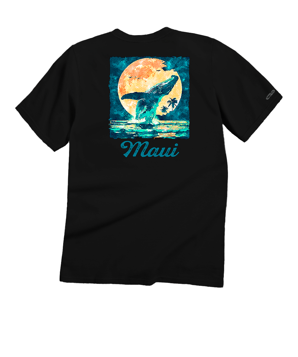 Black t-shirt with a graphic of a whale and sunset over water, featuring the word 'Maui'. View 1