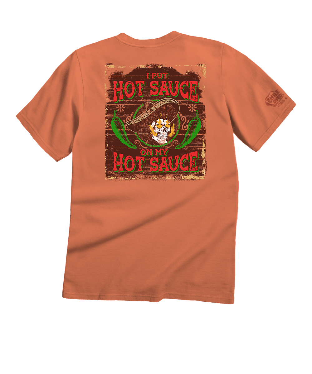 Brown t-shirt with hot sauce graphic on a white background View 1
