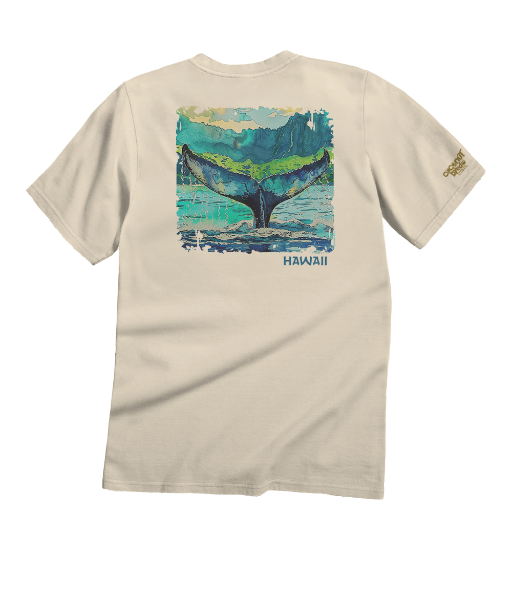 Beige t-shirt with a whale tail graphic and 'Hawaii' text on a white background View 1