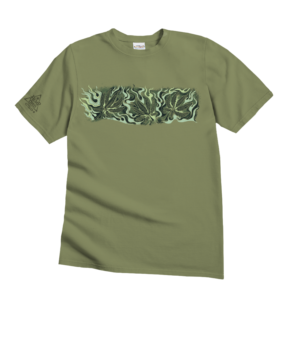Green t-shirt with a leaf pattern on a white background View 1