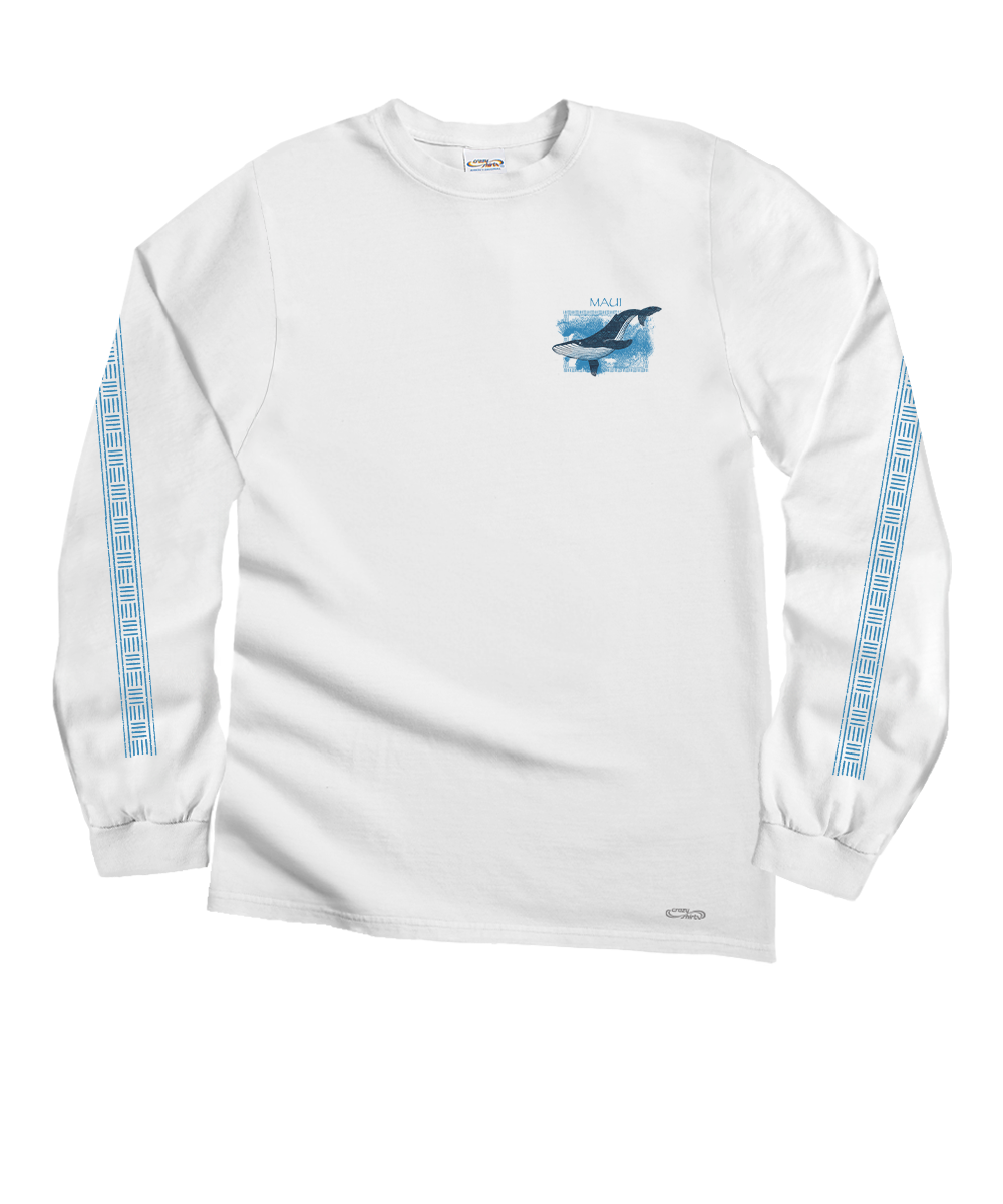 White long-sleeve shirt with whale graphic and blue patterns on sleeves against a white background View 4