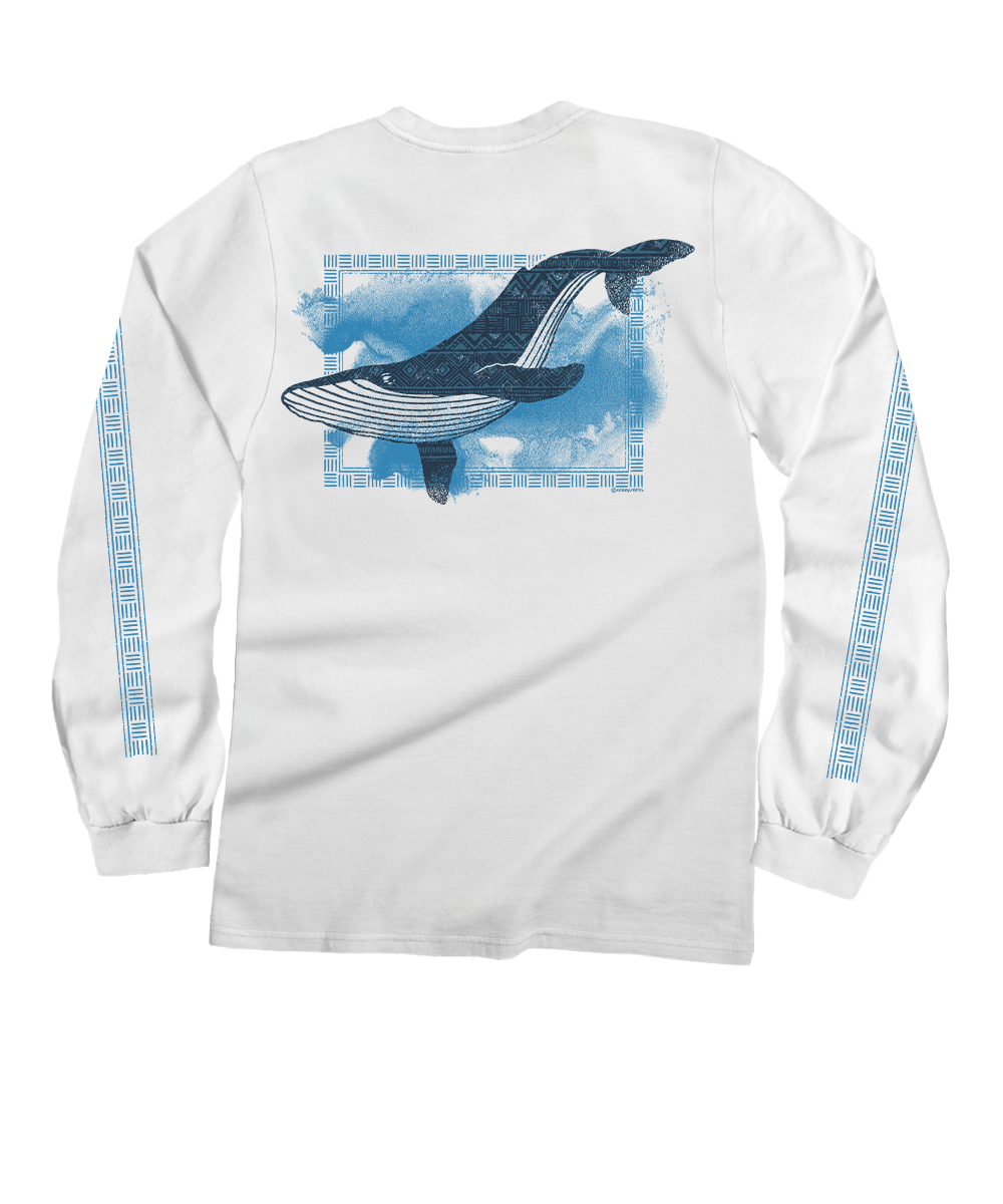 White long-sleeve shirt with a whale graphic on the back against a white background View 1