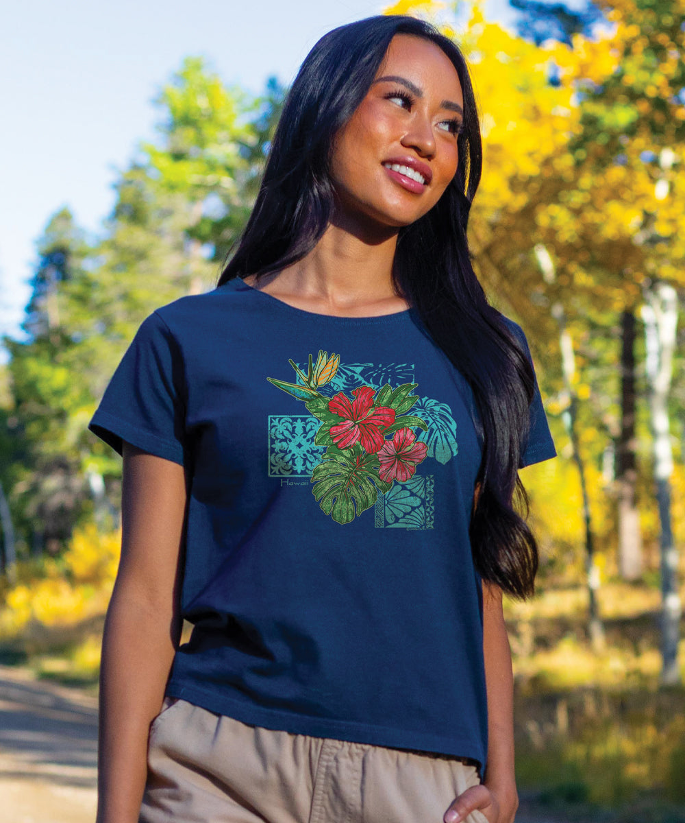 Pua Nani Montage - Navy Short Sleeve Scoop Neck T-Shirt