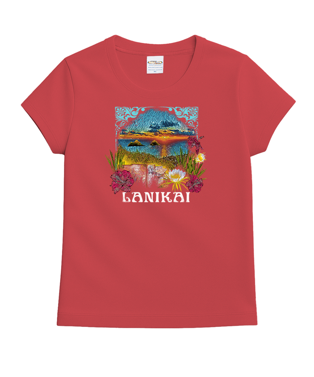 Maroon t-shirt with a scenic graphic and 'LANIKAI' text on a white background View 1