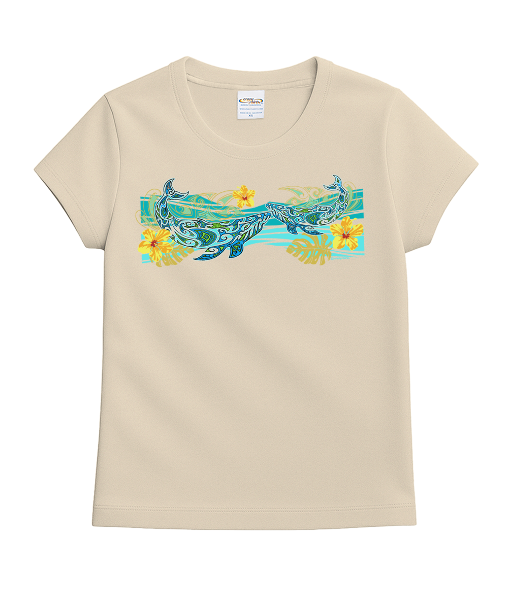 Beige t-shirt with a whale and flower design on a white background View 1