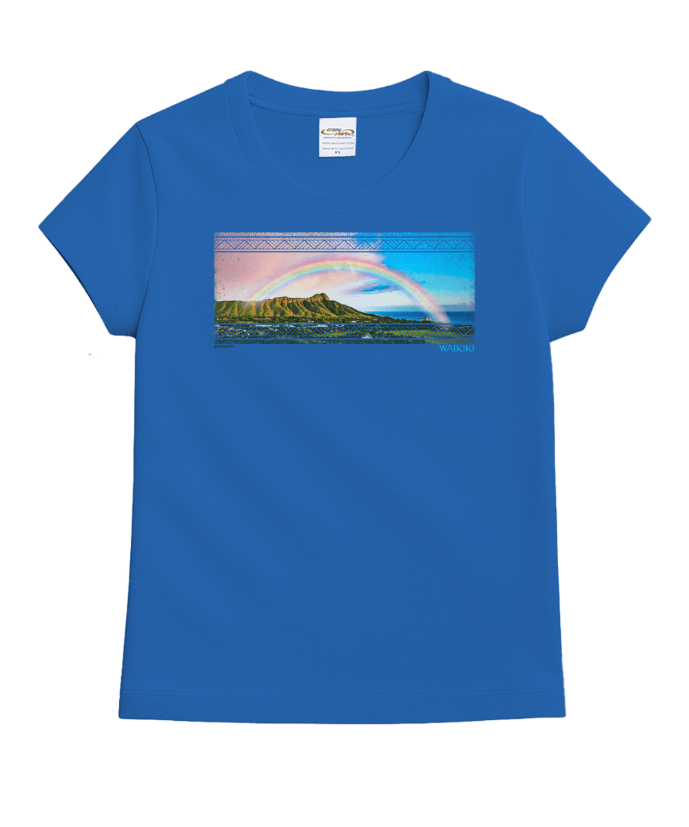 Blue t-shirt with a graphic of a rainbow and mountain on a white background View 1