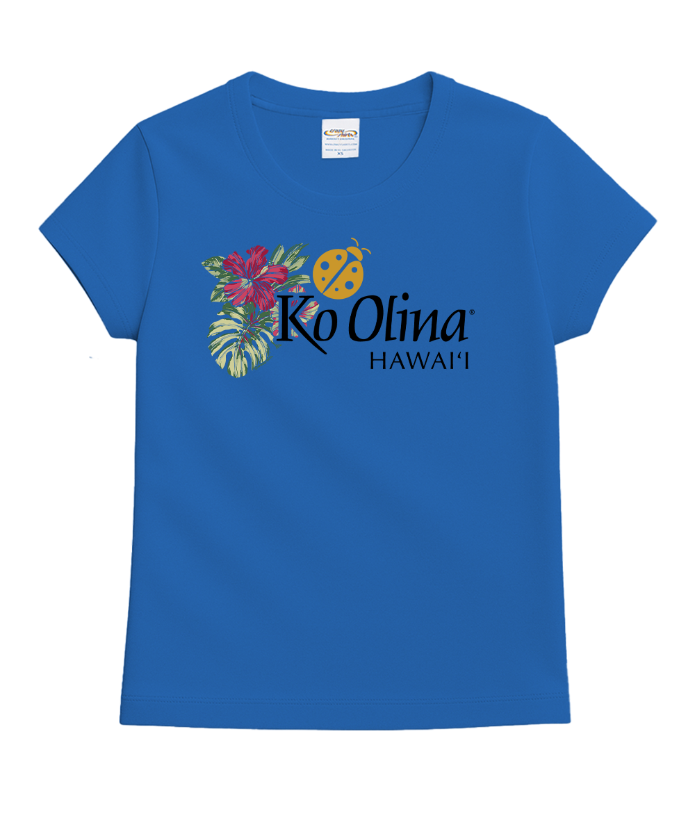Blue t-shirt with 'Ko Olina Hawaii' logo featuring flowers and leaves on a white background View 1