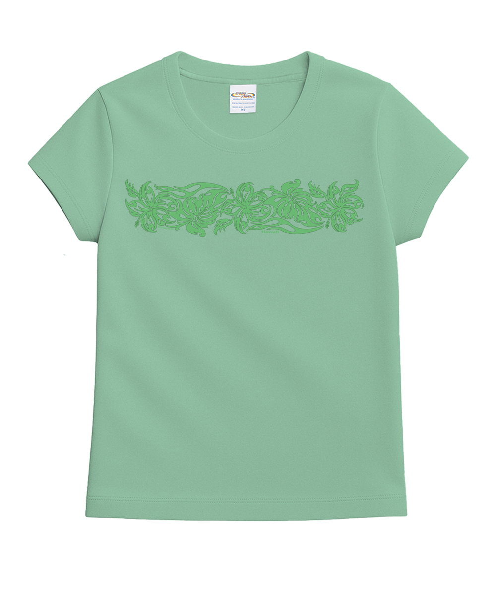 Green t-shirt with floral design on a white background View 1