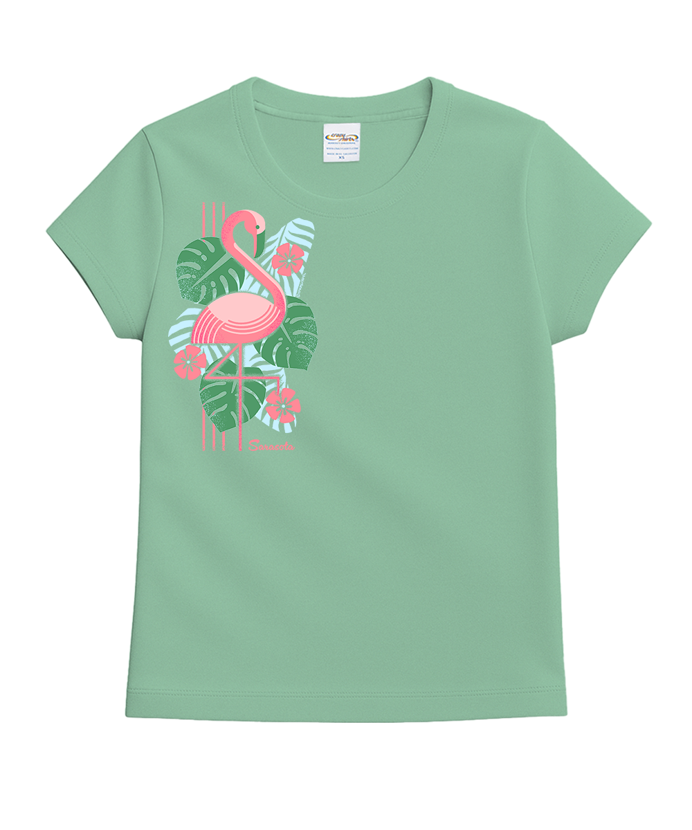 Green t-shirt with a flamingo design on a white background View 1