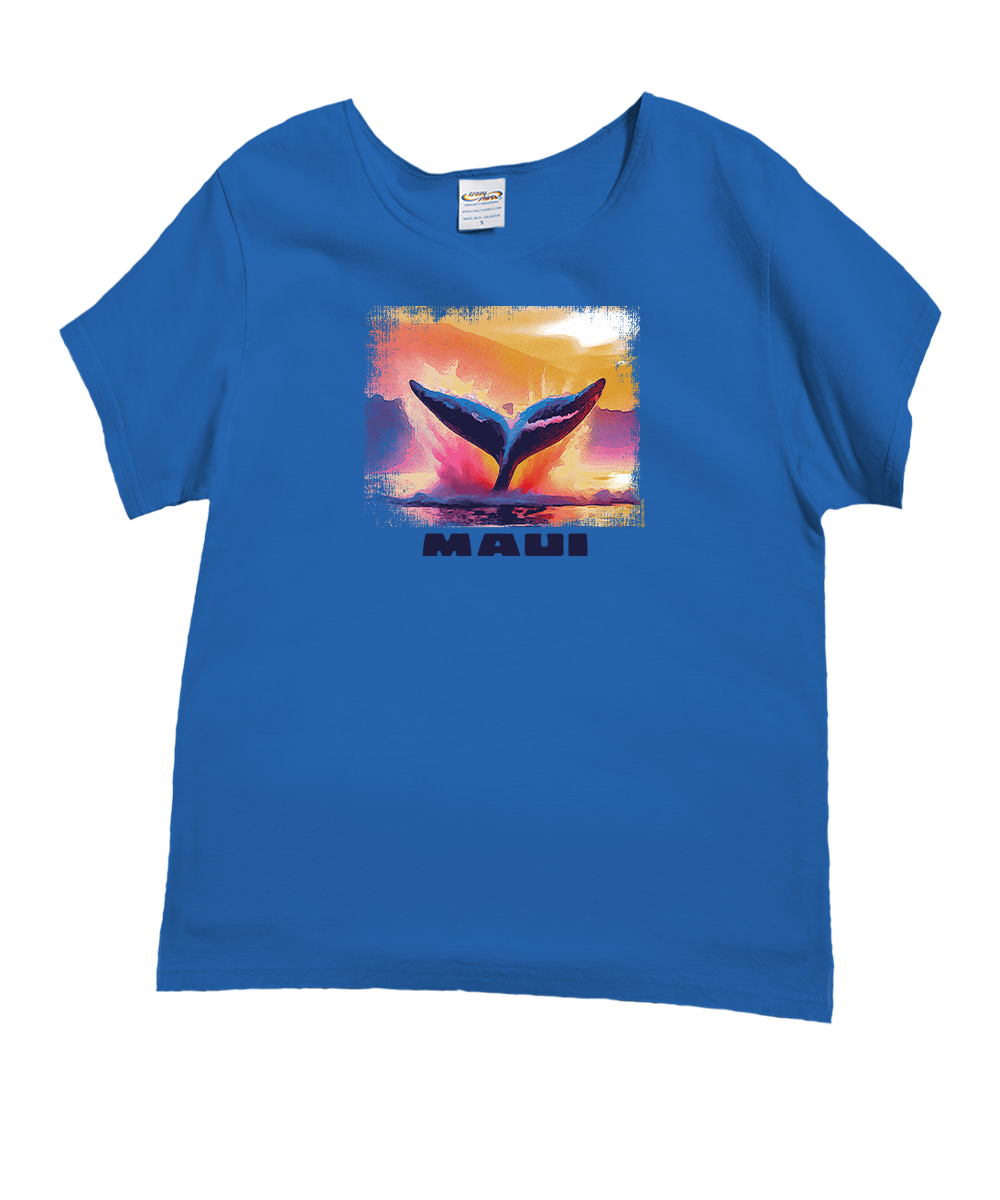 Blue t-shirt with a whale tail graphic and 'Maui' text on a white background View 1