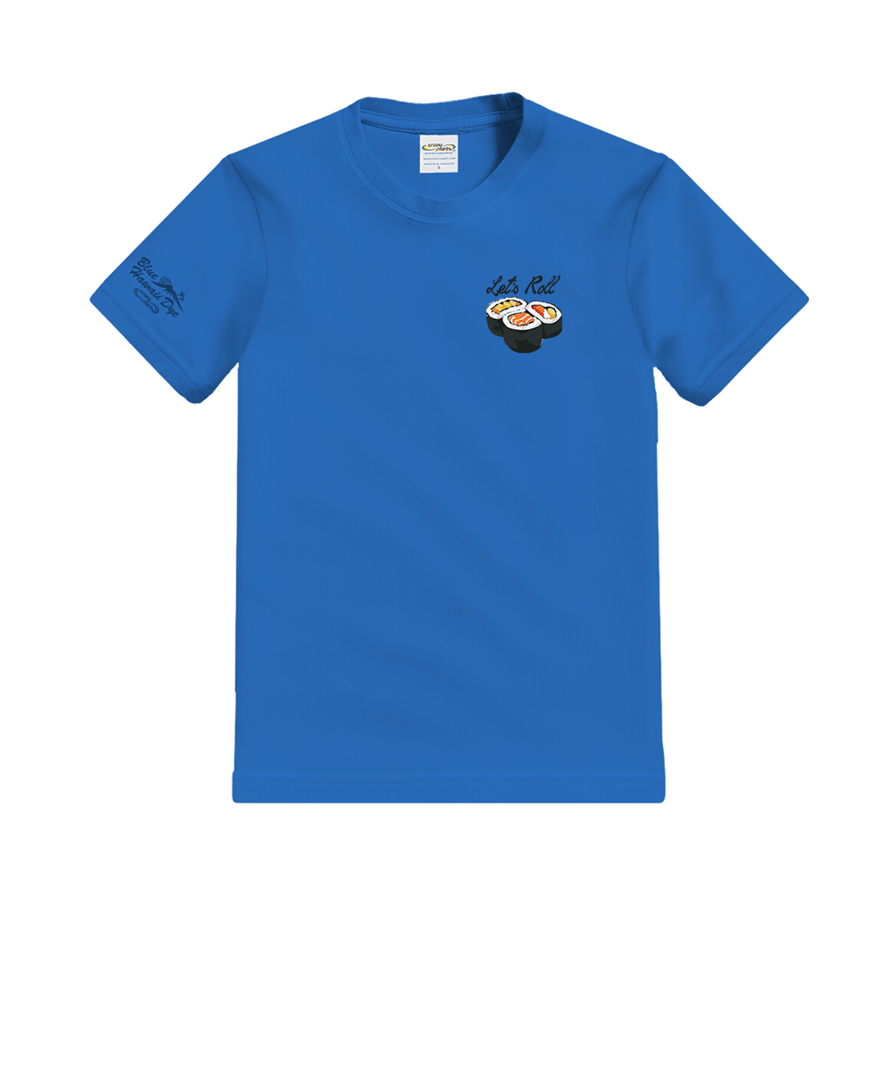 Blue t-shirt with a small graphic on the chest against a white background View 4