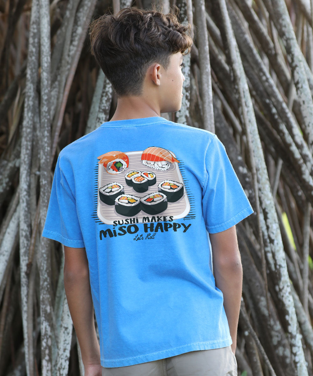 Teenager in blue tee shirt with graphic on the back View 2