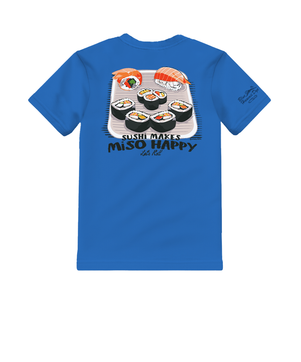 Blue t-shirt with a graphic of sushi and text on the back, on a white background View 1