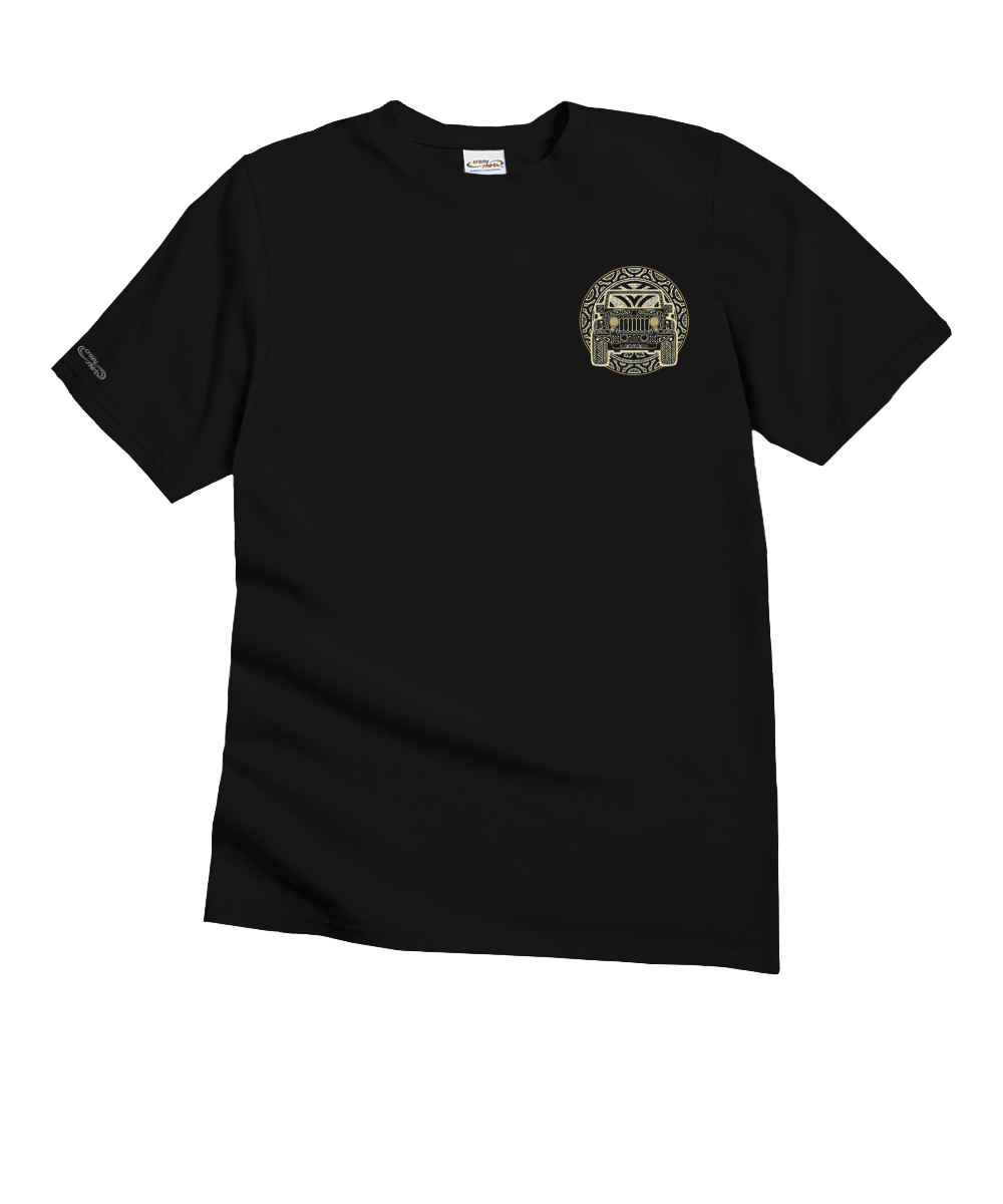 Black t-shirt with a logo on a white background View 4